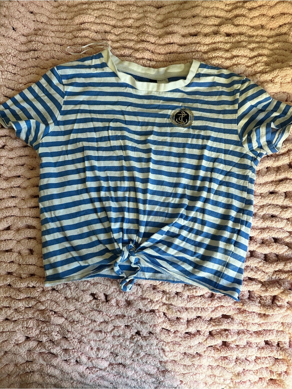 H&M Blue and White Striped Knot-Front Tee